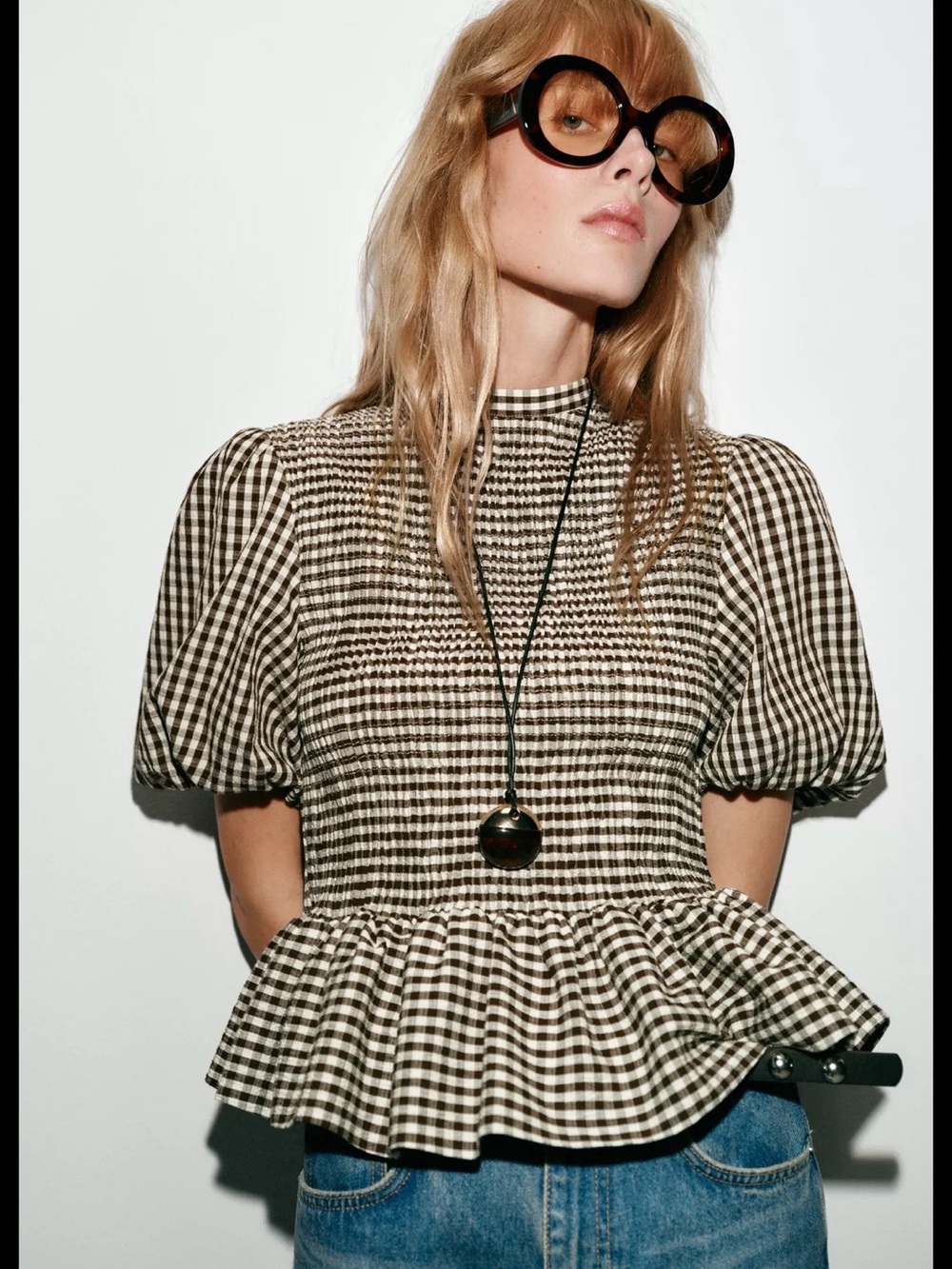 ZARA - NEW viral sold out Gingham Puff-Sleeve Peplum Top - Brown & Ecru